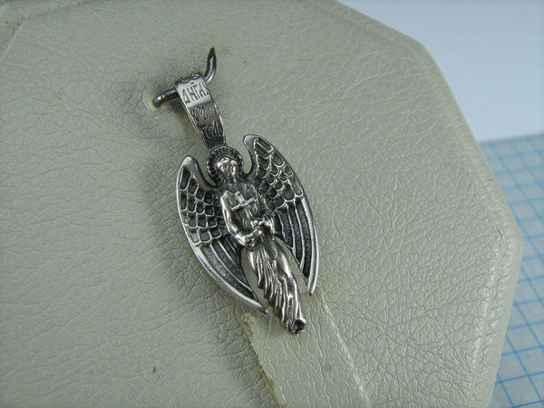 Vintage solid 925 Sterling Silver oxidized icon pendant and medal with Russian inscription, depicting Saint Angel the Guardian holding a cross