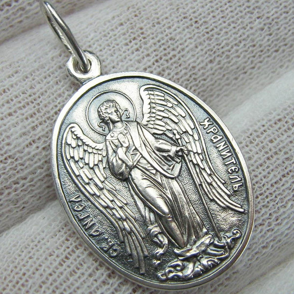 925 Sterling Silver oxidized icon pendant and medal with Russian inscription, depicting Saint Angel the Guardian with wings.
