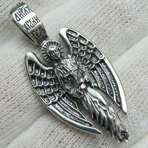 Vintage solid 925 Sterling Silver oxidized icon pendant and medal with Russian inscription, depicting Saint Angel the Guardian holding a cross.