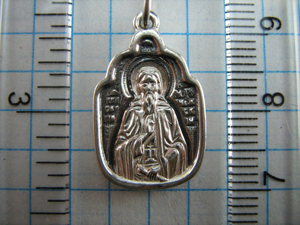 SOLID 925 Sterling Silver Icon Pendant Medal Saint Reverend Sergius Sergey Sergei Serge Sergi Sergio Sergiu Serj Sarkis of Radonezh Radonezhsky Russian Text Inscription Prayer Old Believers Cross New Never Worn Christian Church Faith Jewelry Fine MD000805
