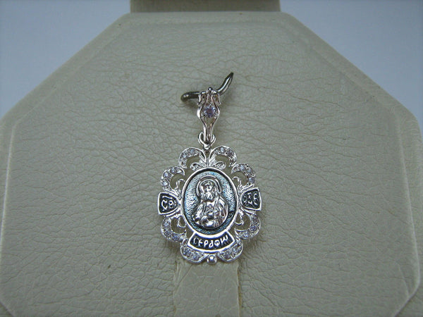 New and never worn solid 925 Sterling Silver oxidized icon pendant and medal with Christian prayer inscription to Saint Seraphim of Sarov decorated with CZ stones and openwork oxidized finish