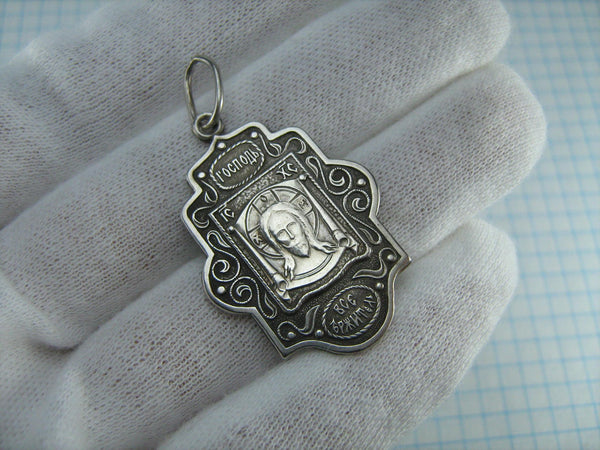 Vintage solid 925 Sterling Silver large oxidized icon pendant and medal with Russian inscription depicting Jesus Christ Sovereign Lord, also called Almighty or Pantocrator or Ruler