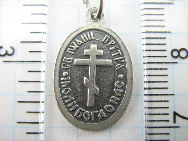 925 Sterling Silver oxidized small oval icon pendant and medal with Christian prayer inscription to Saint John the Baptist.