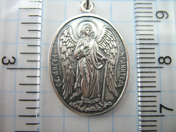 925 Sterling Silver oxidized icon pendant and medal with Russian inscription, depicting Saint Angel the Guardian with wings.