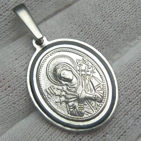 925 Sterling Silver pendant and medal showing Seven Arrows icon of Mother of God, also called Theotokos Softener of Evil Hearts.