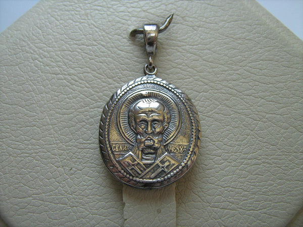 SOLID 925 Sterling Silver Icon Pendant Medal Saint Nicholas Wonderworker Patron of Doctors Sailors Travellers Russian Text Cyrillic Inscription Prayer Guardian Cross Large Oxidized New Never Worn Christian Church Faith Jewelry Fine Jewellery MD000428
