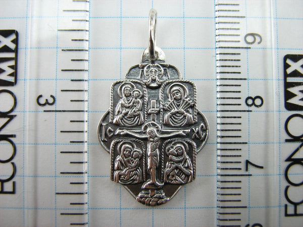 925 Sterling Silver Four Part icon pendant depicting Mother of God Seven Arrows, Quick to Hearken, Seeking of the Lost, Assuage My Sorrows and Jesus Christ crucifix.