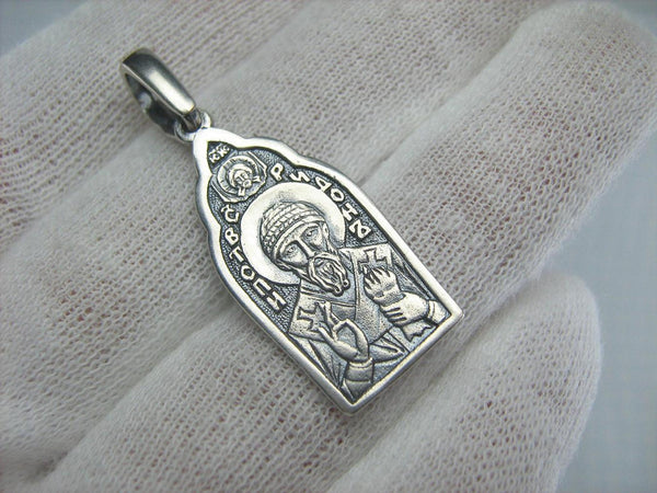 925 Sterling Silver oxidized icon pendant and medal with Christian prayer inscription to Saint Spiridon.