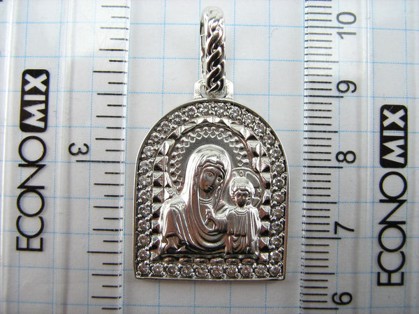 925 Sterling Silver pendant and medal of Kazan icon of Mother of God and Jesus Christ in the geometrical frame decorated with CZ stones.