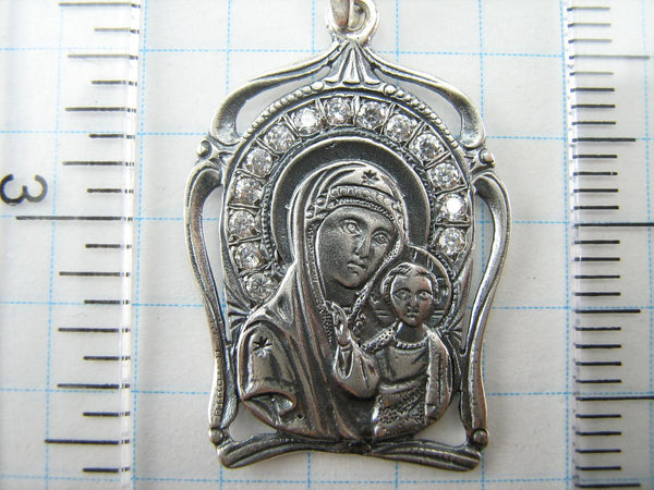 925 Sterling Silver pendant and medal of Kazan icon of Mother of God and Jesus Christ in the frame decorated with CZ stones.