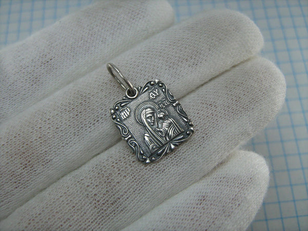 New and never worn solid 925 Sterling Silver small square oxidized pendant and medal in filigree frame with Christian prayer inscription depicting Kazan icon of Mother of God and Jesus Christ