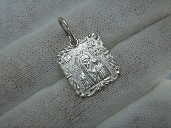 Brand new pure real 925 Sterling Silver little square pendant and medal in the filigree frame with Christian prayer inscription depicting Kazan icon of Theotokos and Jesus Christ child, also called Hodegetria