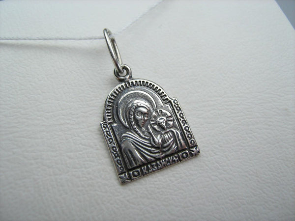 New solid 925 Sterling Silver small oxidized pendant and medal in filigree frame with old believers cross depicting Kazan icon of Mother of God and Jesus Christ.