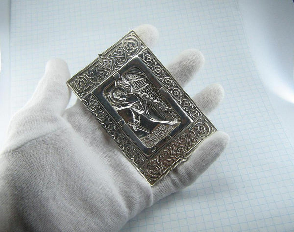 925 Sterling Silver large table icon souvenir depicting Saint Michael the Archangel the Guardian in patterned frame.
