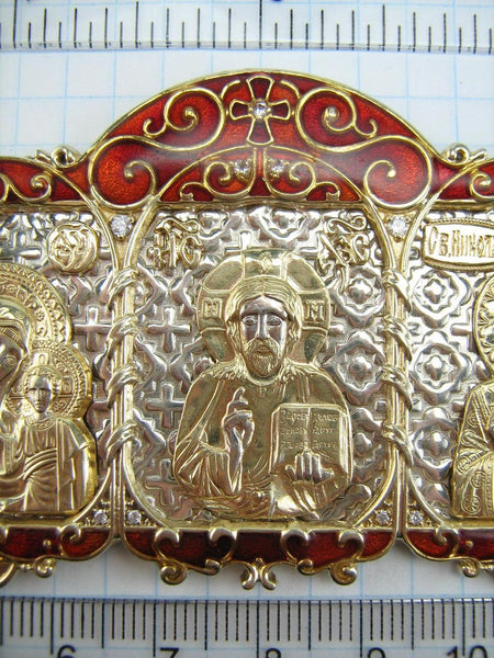 925 Sterling Silver and yellow gold plated triptych icon decorated with pattern, red inlay and clear stones with Christian prayer inscriptions.