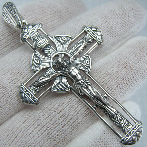 925 Sterling Silver Christian cross pendant and crucifix with Russian language inscriptions decorated with filigree wood oxidized pattern, rare manual work of faith jewelry.
