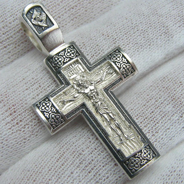 925 Sterling Silver Christian cross pendant and crucifix with Russian inscriptions decorated with pattern, openwork finish, rare manual work of faith jewelry.