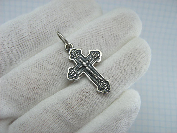 Solid 925 Sterling Silver oxidized cross pendant and crucifix with Christian prayer inscription.
