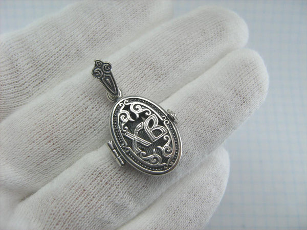 925 Sterling Silver oxidized locket, religious pendant and medal shaped Easter egg with Christian prayer inscription.