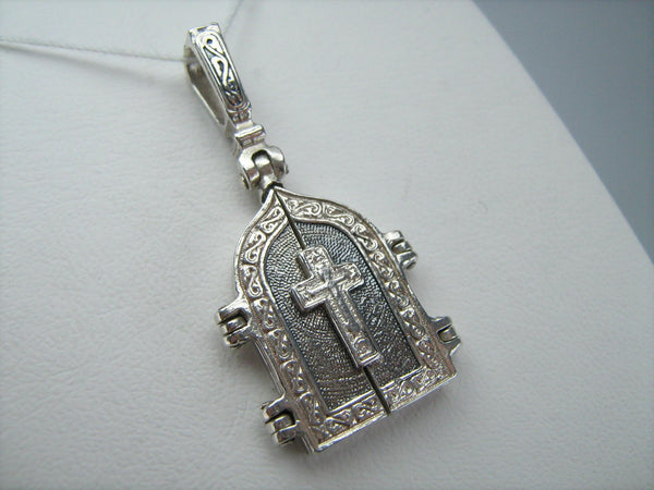 925 Sterling Silver oxidized triptych locket and religious pendant medal depicting Jesus Christ, Mother of God Mary and Saint John the Baptist with Christian prayer inscription.