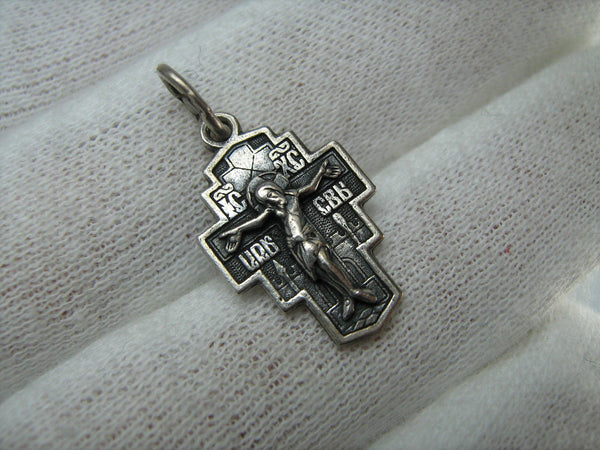 Vintage solid 925 Sterling Silver small oxidized cross pendant and detailed Jesus Christ crucifix with inscriptions decorated with Jerusalem view and depicting Saint Nicetas’ victory over the demon