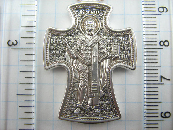 925 Sterling Silver detailed heavy cross pendant decorated with the images of Jesus Christ and Nicholas the Wonderworker.