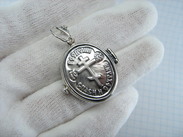 925 Sterling Silver oxidized locket, religious pendant and medal depicting Father Seraphim Sarovskiy with Christian prayer scripture.