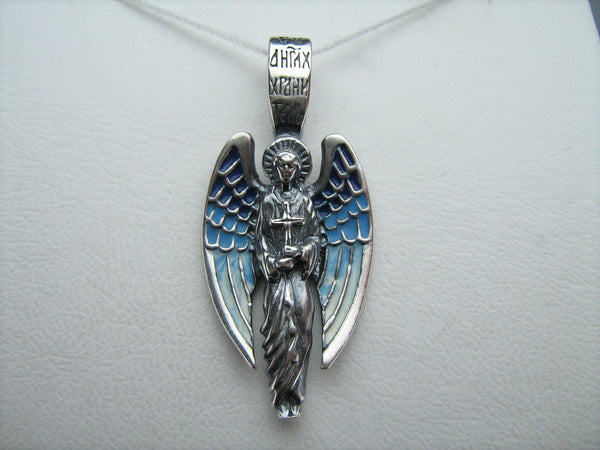 Vintage solid 925 Sterling Silver oxidized icon pendant and medal with Russian inscription, depicting Saint Angel the Guardian holding a cross.