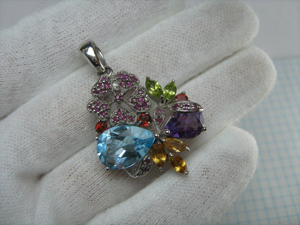 925 Sterling Silver pendant with blue topaz, purple amethyst, red ruby, green peridot, yellow citrine, red garnet genuine stones shaped bouquet.