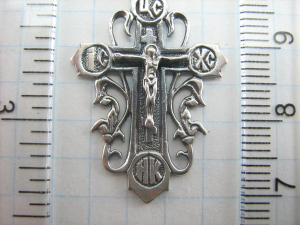 925 Sterling Silver grapevine cross pendant and crucifix with Christian prayer inscription and oxidized manual engraved pattern.