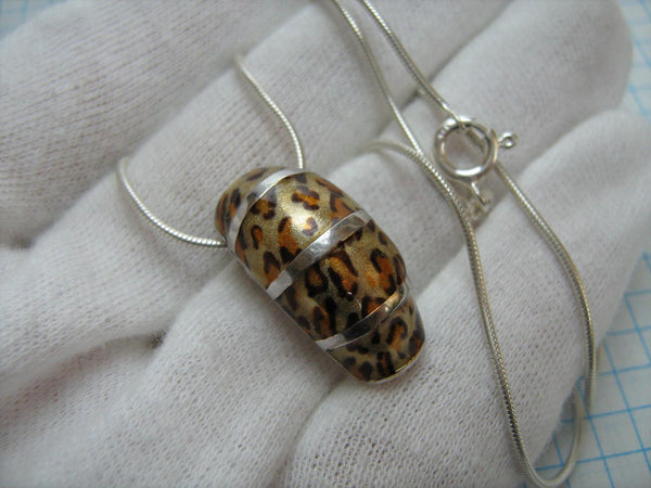 Vintage solid 925 Sterling Silver large necklace with snake chain and spotted inlay leopard pendant