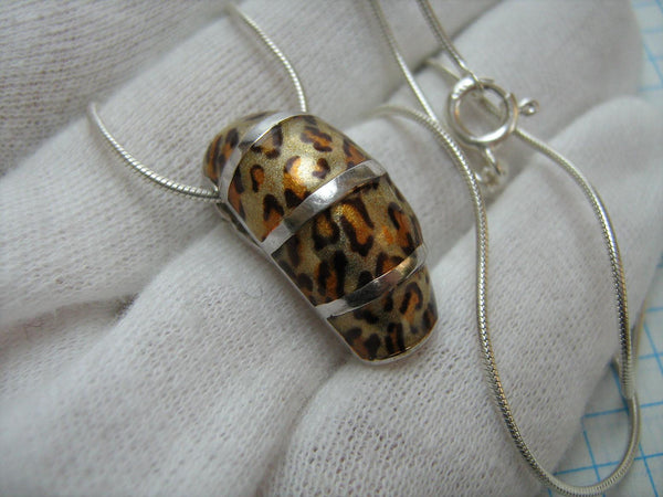 Vintage solid 925 Sterling Silver large necklace with snake chain and spotted inlay leopard pendant