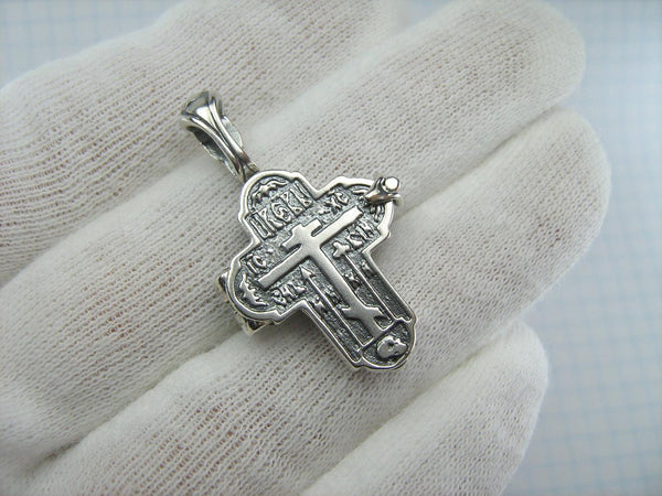 Vintage solid 925 Sterling Silver oxidized locket and encolpion pendant depicting old believers cross with Christian prayer inscription.