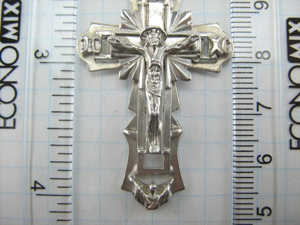 925 Sterling Silver cross pendant with crucifix and Russian prayer text decorated with angels.