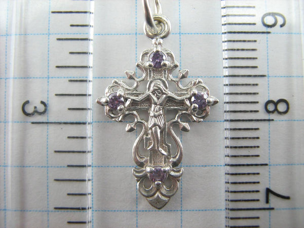 925 Sterling Silver little cross pendant and crucifix with Christian prayer inscription and openwork filigree pattern.