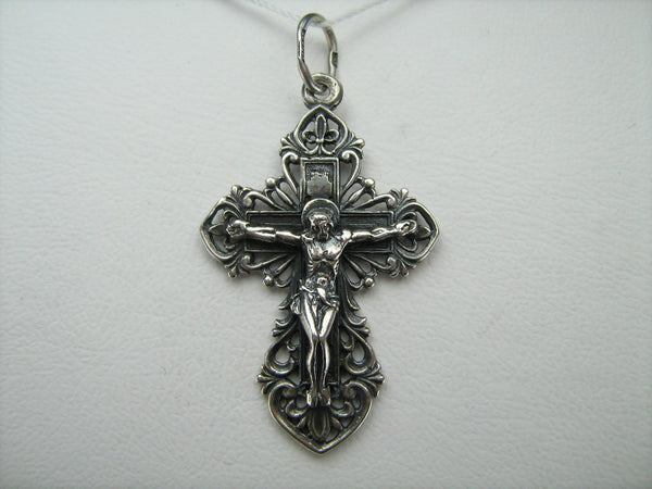 925 Sterling Silver large old believers cross pendant and crucifix with Christian prayer inscription and text to God.