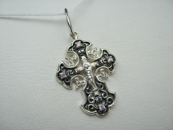 New solid 925 Sterling Silver oxidized cross pendant and Jesus Christ crucifix with Christian prayer inscription to God decorated with rose-pink Cubic Zirconia gemstones.
