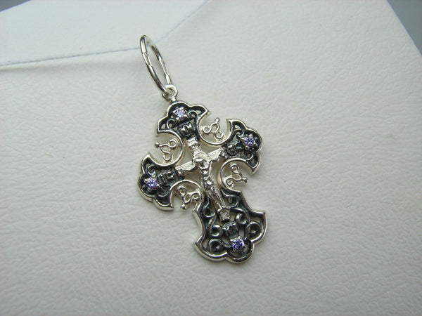 New solid 925 Sterling Silver oxidized cross pendant and Jesus Christ crucifix with Christian prayer inscription to God decorated with purple Cubic Zirconia gemstones.