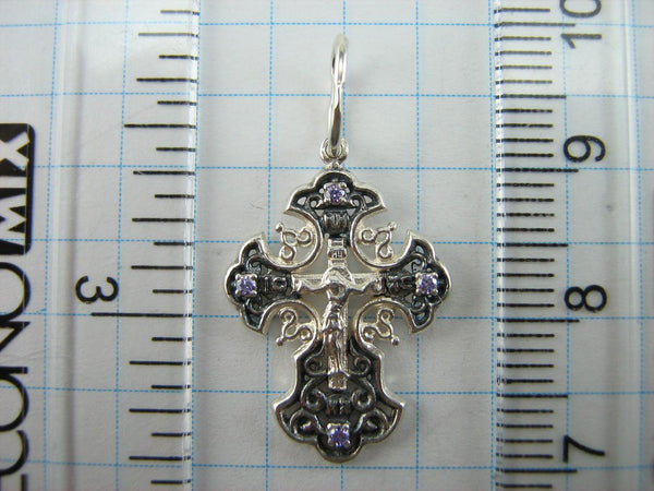 New solid 925 Sterling Silver oxidized cross pendant and Jesus Christ crucifix with Christian prayer inscription to God decorated with purple Cubic Zirconia gemstones.
