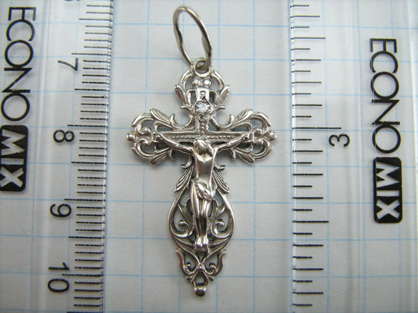 Vintage 925 Sterling Silver cross pendant and crucifix with Cyrillic prayer text to God decorated with filigree openwork pattern and zirconium stone.