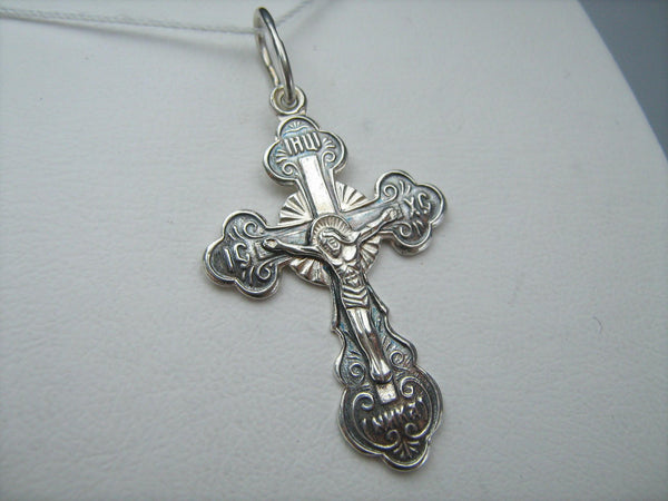 925 Sterling Silver trifolium cross pendant and crucifix with Christian prayer inscription and text to God decorated with filigree pattern.