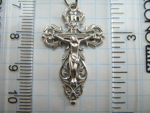 Vintage 925 Sterling Silver cross pendant and crucifix with Cyrillic prayer text to God decorated with filigree openwork pattern and zirconium stone.