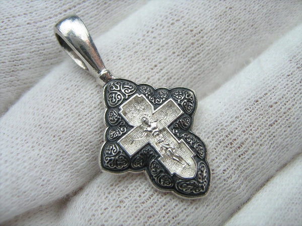 925 Sterling Silver small old believers cross pendant and crucifix with Christian prayer inscription to God, rare manual work of faith jewelry.