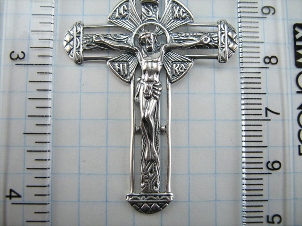 925 Sterling Silver Christian cross pendant and crucifix with Russian language inscriptions decorated with filigree wood oxidized pattern, rare manual work of faith jewelry.