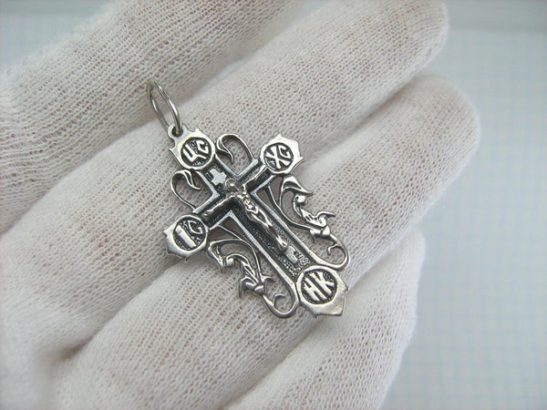 925 Sterling Silver grapevine cross pendant and crucifix with Christian prayer inscription and oxidized manual engraved pattern.
