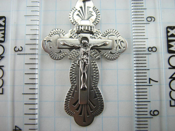 925 Sterling Silver cross pendant with crucifix and Christian prayer inscription to God decorated with laser and manual engravings.
