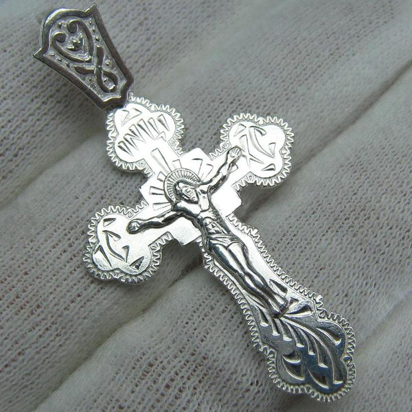 925 Sterling Silver cross pendant with crucifix and Christian prayer inscription to God decorated with hand engravings.