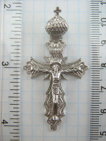925 Sterling Silver cross pendant with crucifix and Christian prayer text decorated with manual engravings.