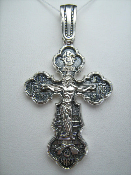 925 Sterling Silver Christian cross pendant and crucifix depicting Mother of God Protecting Veil, angels, Saint George and Holy Spirit.