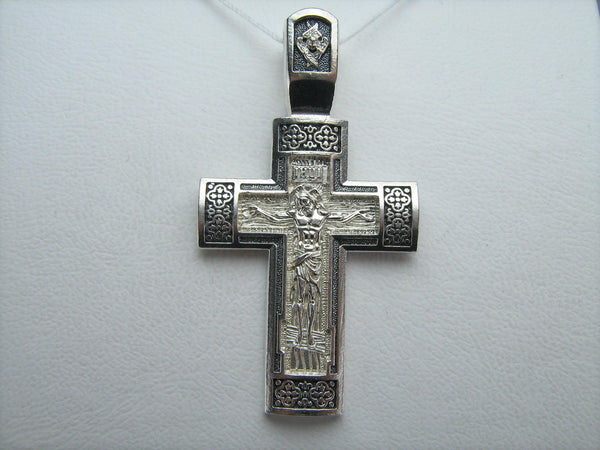 925 Sterling Silver Christian cross pendant and crucifix with Russian inscriptions decorated with pattern, openwork finish, rare manual work of faith jewelry.